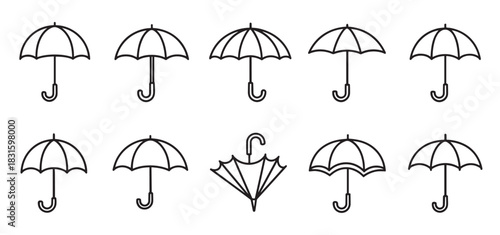 Set of black line art umbrella icons arranged in two rows, with one closed umbrella among several open ones, symbolizing weather, protection, and uniqueness