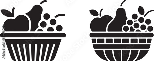 Fruit Baskets with Apple, Pear, and Grapes Icons