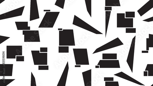 Black and white abstract geometric pattern with randomly scattered sharp-edged shapes creating a chaotic and dynamic modern composition with a minimalist high-contrast graphic style