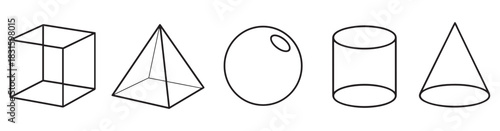 Set of five basic geometric shapes including a cube, pyramid, sphere, cylinder, and cone, rendered in a simple black outline illustration for math and science education