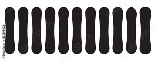 Collection of black snowboard silhouettes arranged vertically in a neat row, showcasing a minimalist and graphic design style for winter sports and recreation concepts