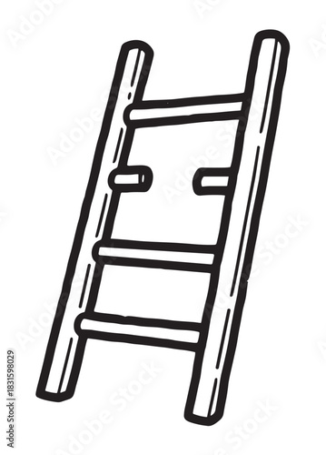 Hand-drawn wooden ladder with a broken rung in a simple black and white doodle style illustration, representing progress, steps, and climbing towards a goal or ambition