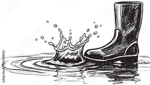 Hand-drawn black and white rubber boot splashing in a puddle of water, creating ripples and droplets in a detailed, sketchy illustration style with rough textures