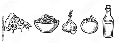 Set of Italian food and ingredients illustrations featuring pizza, pasta, garlic, tomato, and an oil bottle, rendered in a simple black and white hand-drawn sketch style
