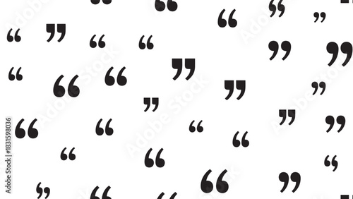Black quotation marks in various sizes and styles are scattered in a minimalist graphic pattern representing communication, dialogue, citation, and speech