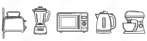 Set of kitchen appliance line art icons including a toaster, blender, microwave, electric kettle, and stand mixer, rendered in a simple, minimalist black and white style