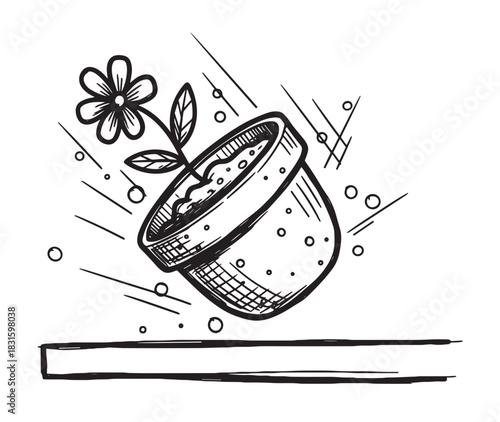 Hand-drawn black and white flowerpot falling through the air in a dynamic sketch style illustration representing an accident, mistake, or failure concept
