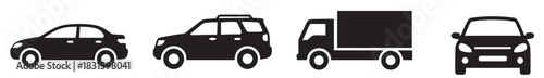 Collection of black vehicle silhouette icons showing a sedan, SUV, and delivery truck in profile with a front view of a car, a simple graphic set of transportation symbols