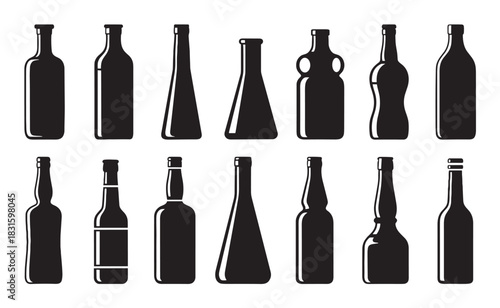Collection of black bottle silhouettes in various shapes and sizes representing different alcoholic beverages like wine, whiskey, and beer in a minimalist vector icon set
