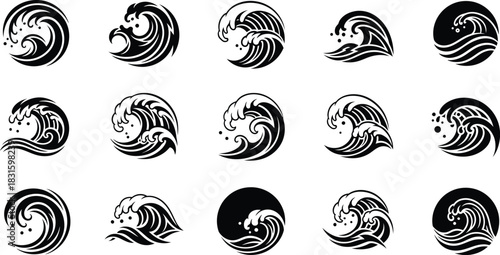 Ocean waves collection. Sea storm wave isolated. Waves, water elements set. Nature wave water storm linear style illustration