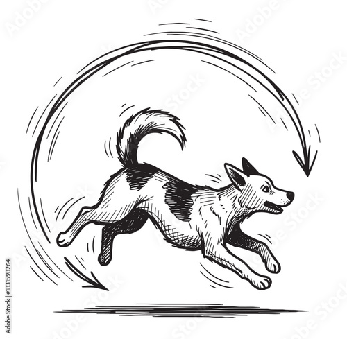 Hand-drawn black and white spotted dog runs happily in a dynamic pose, illustrated in a vintage sketch style with a circular arrow symbolizing continuous motion and energy