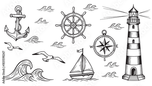 Set of hand-drawn nautical illustrations featuring a lighthouse, anchor, ship wheel, compass, and sailboat in a vintage black and white sketch style for maritime themes
