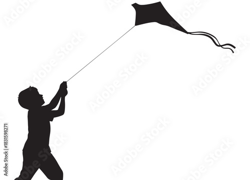 Black silhouette of a young boy flying a kite, holding the string tightly as it soars, a simple graphic illustration representing childhood freedom, joy, and outdoor activity