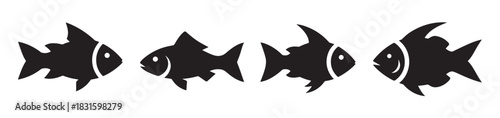 Set of four black fish icons with stylized shapes, a simple and minimalist graphic collection of aquatic animal silhouettes for logo or pictogram design