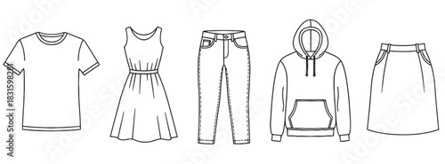 Collection of various clothing item outlines including a t-shirt, dress, jeans, hoodie, and skirt, presented in a simple black and white line art style for fashion concepts
