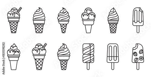 Set of black line art ice cream icons showing various frozen desserts like soft serve, scoops in waffle cones, and popsicles in a simple, minimalist graphic illustration style