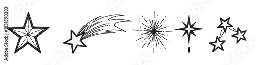 Hand-drawn black star doodle icon collection featuring a shooting star, starburst, and constellation symbols, presented in a simple, minimalist line art sketch style for graphic design