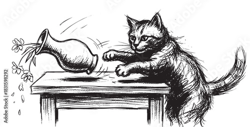 Mischievous hand-drawn tabby cat pushing a flower vase off a wooden table in a playful moment, captured in a dynamic black and white ink sketch illustration style