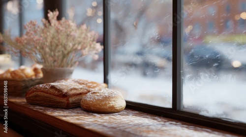 Fototapeta Naklejka Na Ścianę i Meble -  Window sill with a variety of baked goods on it. on the left side of the sill, there is a basket of pastries and a small vase with pink flowers.