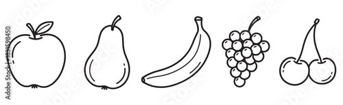 Set of hand-drawn fruit icons including an apple, pear, banana, grapes, and cherry in a simple black and white line art style, representing healthy eating and nutrition