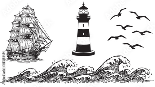 Nautical illustration set with a vintage sailing ship, lighthouse, ocean waves, and seagulls in a classic black and white hand-drawn engraving style for maritime themes