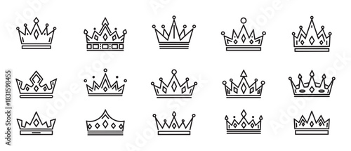 Set of various royal crown icons drawn in a simple black outline style, featuring minimalist geometric designs and elegant shapes for heraldic symbols