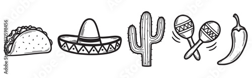 Collection of hand drawn food and culture symbols including a taco, sombrero, cactus, maracas, and chili pepper in a black and white doodle style for a festive concept