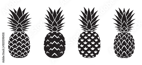 Set of four black pineapple silhouettes with various stylized geometric patterns, presented as a collection of minimalist tropical fruit icons for graphic design elements