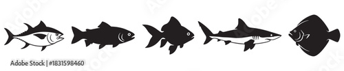 Black and white fish silhouette icons set featuring various sea creatures like a tuna and shark, presented in a clean, minimalist vector illustration style for graphic design