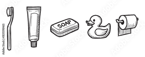 Hand drawn bathroom hygiene icons set with a toothbrush, toothpaste, soap, rubber duck, and toilet paper in a black and white sketch style illustration for personal care