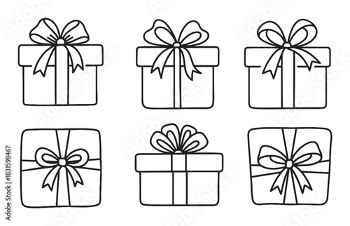 Set of six hand-drawn gift boxes with ribbons and bows, a collection of simple black outline icons for holidays, birthdays, and celebrations, presented in a clean doodle style