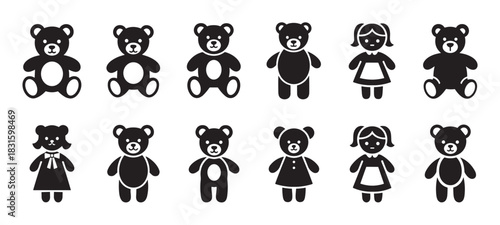 Black and white icons of teddy bears and dolls feature a collection of simple character designs in a minimalist, flat graphic silhouette style for children's themes