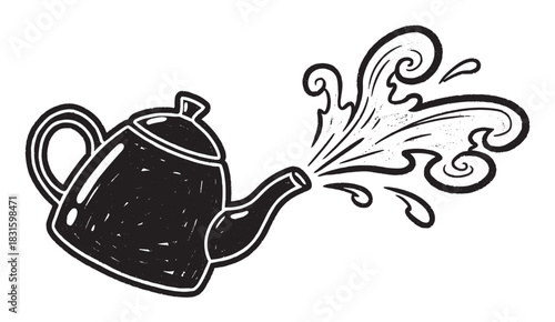 Black hand-drawn teapot illustration spouting a decorative swirl of steam in a whimsical, vintage woodcut style with a distressed, textured effect