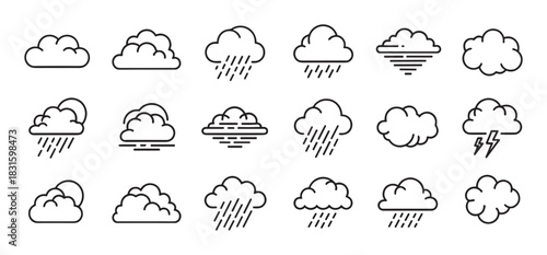 Set of minimalist weather cloud icons depicting various atmospheric phenomena such as rain, fog, sunshine, and lightning storms in a simple black outline vector style