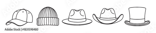 Set of five different hats including a baseball cap, beanie, fedora, cowboy hat, and top hat in a simple black and white line art illustration style