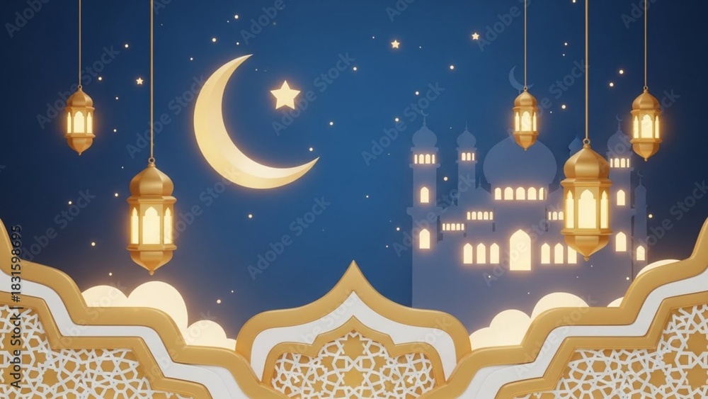 Obraz premium Ramadan Kareem or Eid al-Fitr Background with Mosque Silhouette, Crescent Moon, and Golden Lanterns