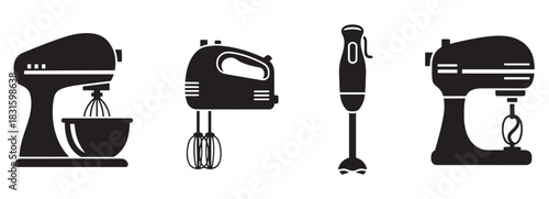 Collection of black kitchen mixer icons featuring a stand mixer with whisk, a hand mixer, an immersion blender, and a dough hook mixer in a clean graphic design