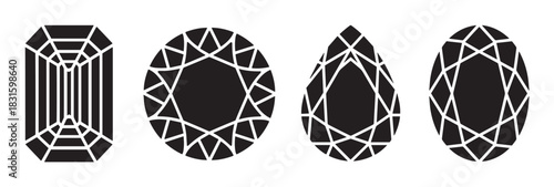 Set of four black gemstone silhouettes in various cuts including emerald, round, pear, and oval, presented as a simple graphic icon collection for jewelry design