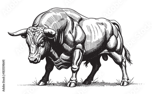 Powerful muscular bull with large horns stands aggressively in a vintage hand-drawn engraving style, symbolizing strength, finance, and the stock market