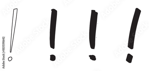 Four hand-drawn black exclamation marks in various styles, including a thin outline and thick brush strokes, illustrating a concept of emphasis, warning, or surprise