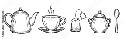 Hand-drawn vintage style tea service set including a classic teapot, hot beverage cup, teabag, sugar pot, and a small spoon in a black and white line art illustration