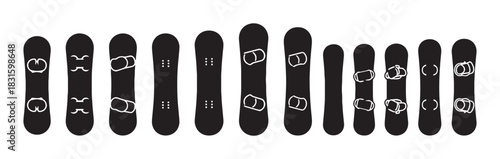 Set of twelve black snowboard vector icons showing different board shapes and binding styles in a minimalist silhouette design collection