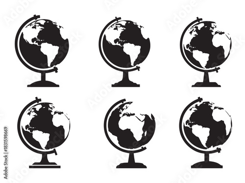 Set of six black globe icons on stands showing different views of the Earth's continents in a simple, minimalist silhouette vector illustration style