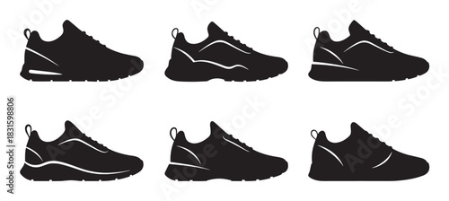 Collection of six black sneaker silhouettes showing different athletic footwear designs in a minimalist graphic style for sports and lifestyle concepts