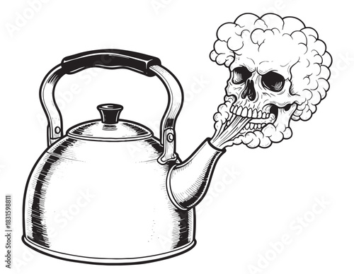 Hand-drawn black and white kettle releases steam in the surreal shape of a human skull, rendered in a detailed vintage engraving style with bold outlines