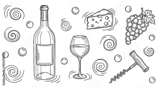 Hand drawn black and white wine set with bottle, glass, grapes, cheese and corkscrew in a vintage doodle style illustration for a winery menu or gourmet food concept