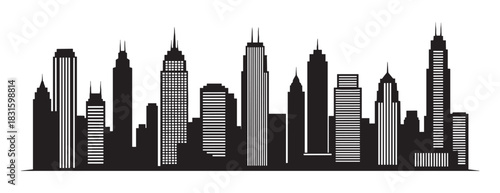 Modern city skyline silhouette with numerous skyscrapers and high-rise buildings, a black and white vector graphic illustration representing urban architecture and a downtown metropolis