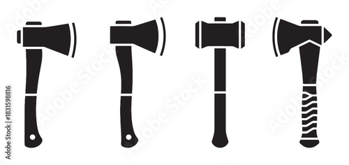 Collection of four black axe silhouettes showing different designs including a hatchet, maul, and battle axe in a minimalist graphic icon set for various concepts