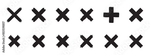Set of black hand-drawn cross and plus symbols with a grunge brush stroke texture, featuring various X marks for concepts like wrong, error, or close buttons in a graphic collection