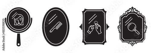 Four minimalist black mirror icons in various shapes showing reflections of a woman's face, a comb, hands putting on a ring, and a magnifying glass